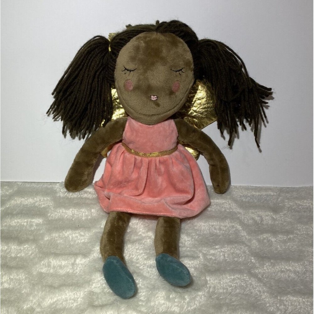 Girl pink dress Plush Doll Dark Skin Gold Angel Wings